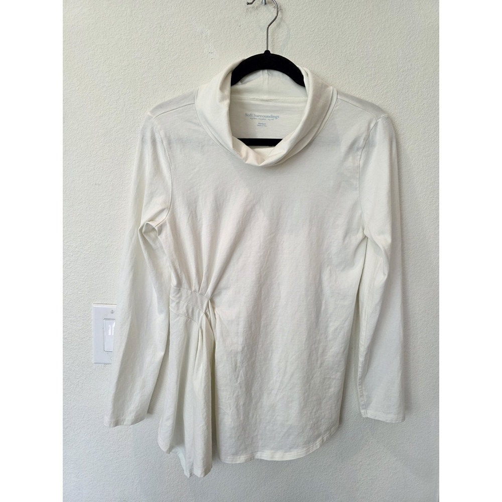 SOFT SURROUNDINGS Long Sleeve Cowl Neck Cotton Blend Top Sz M White Side Detail